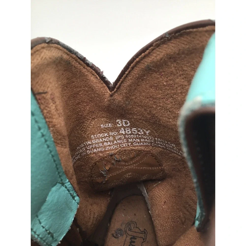 Justin Kids Brown Leather Turquoise Shaft Western Cowboy Boots 4853Y Size 3D